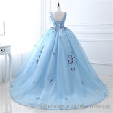 Blue Butterfly Flowers Lace Up Ball Gowns Long Semi Formal Prom Dresses